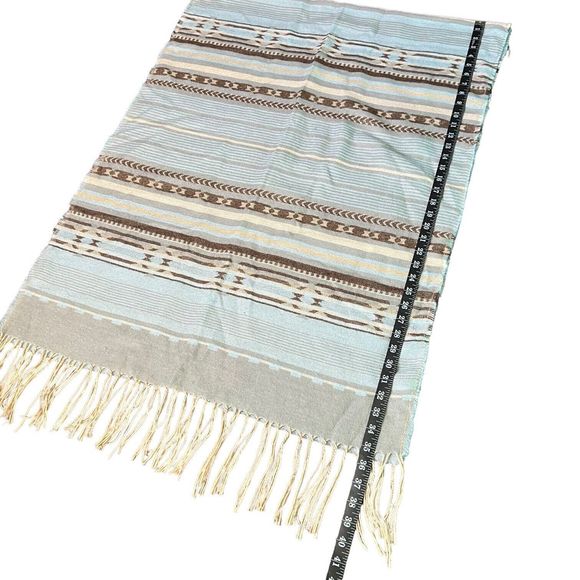 Powder Blue Southwestern Blanket Tassel Scarf 27x71” Big Cozy Scarf Stripes - Picture 9 of 14